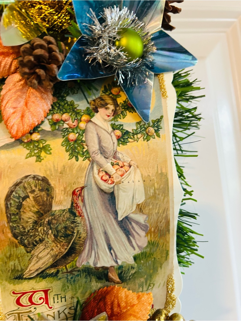Vintage Repurposed Fall Festive Holiday Wreath - Picture 3 of 16